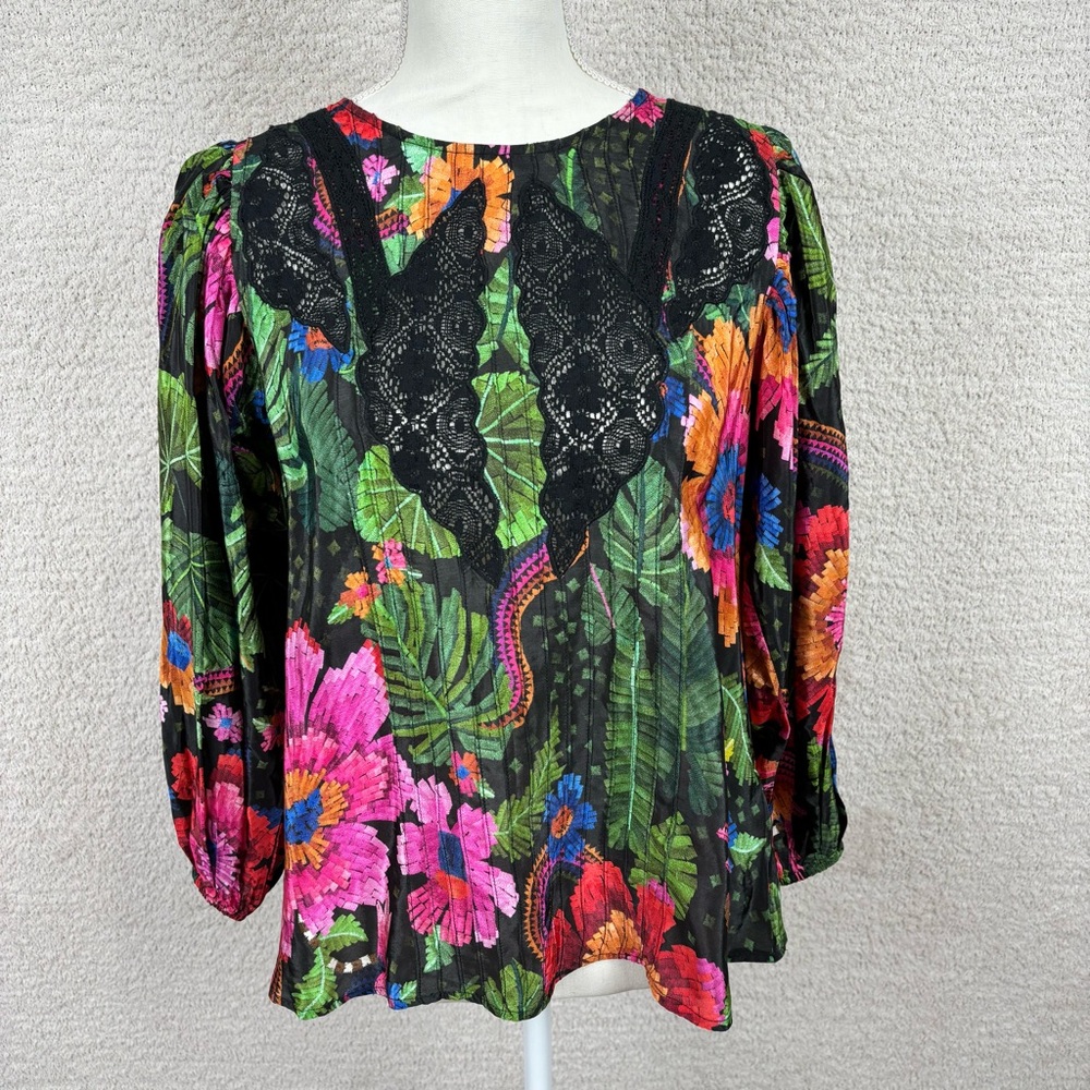 Farm Rio Top Womens‎ XS Blooming Garden Lace Trim Blouse Cut Out Viscose